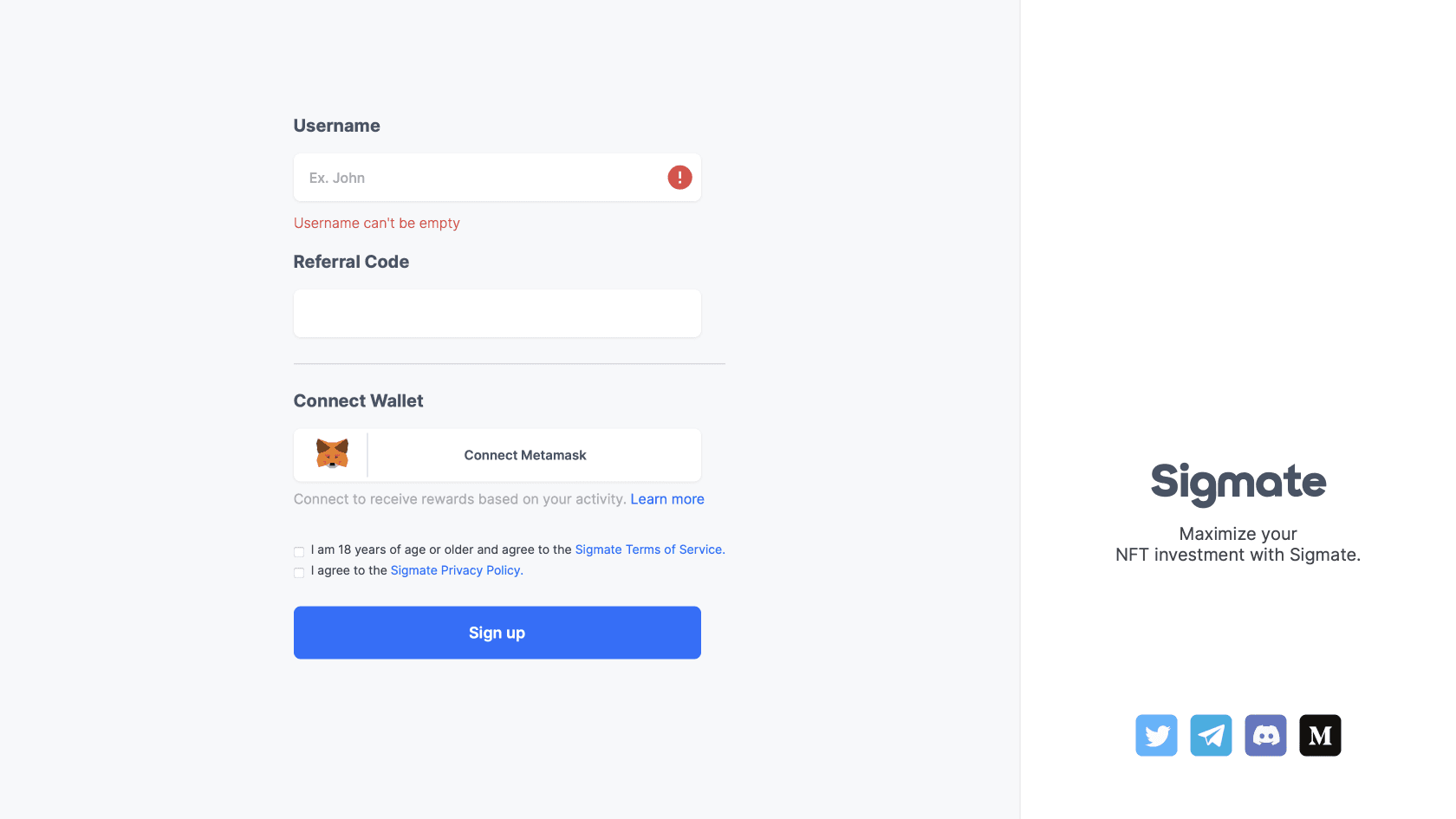 signup page